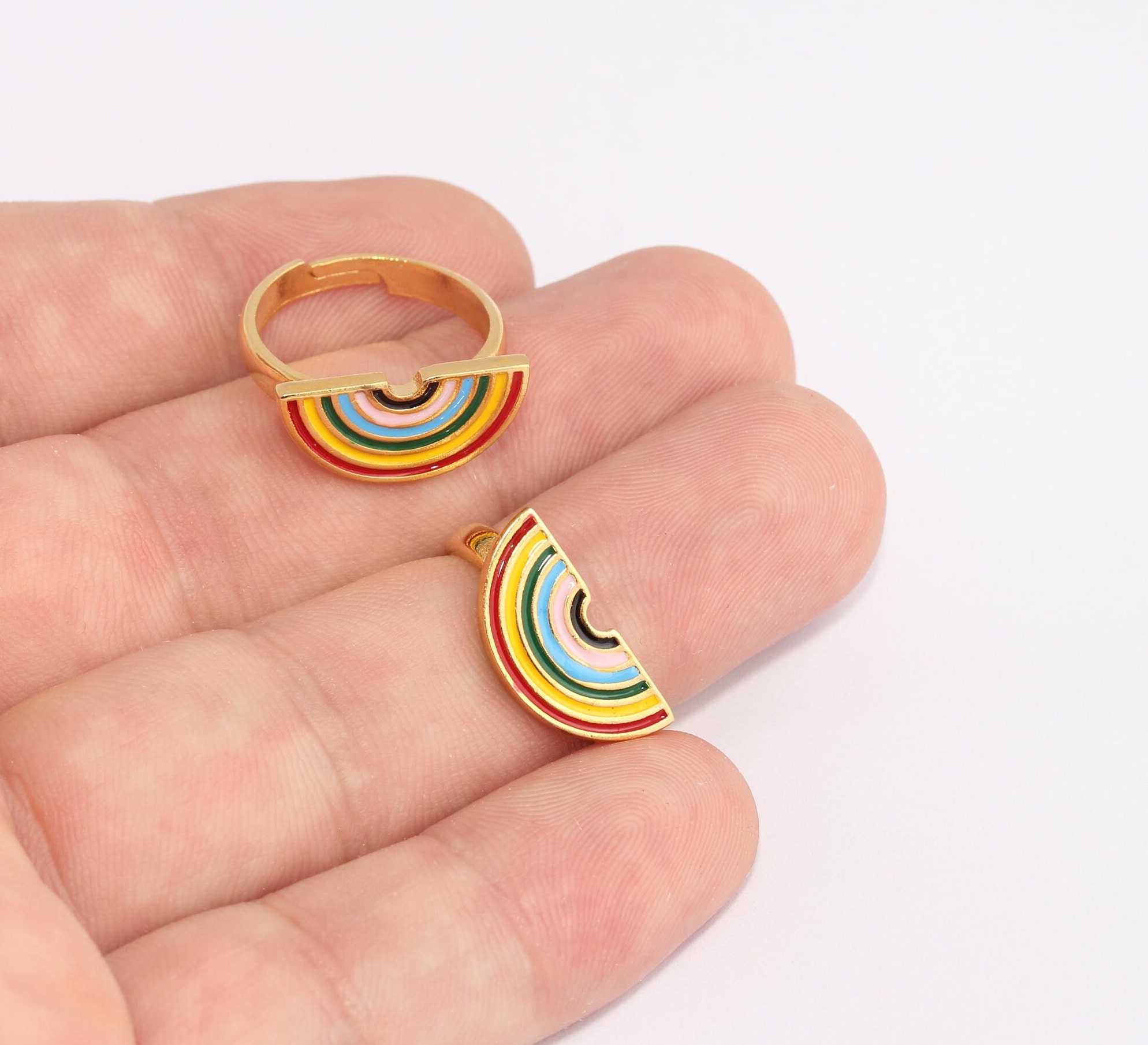 17-18mm 24k Shiny Gold Rainbow Rings, Enamel Rainbow Ring, Rainbow ...