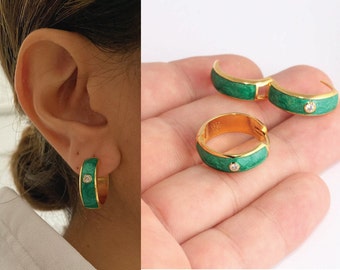 Orecchini a cerchio da 20 mm in oro lucido 24 carati, con zirconi cubici, smalto verde, cerchi delicati, micro pavé, placcati oro, ELE, SLM689