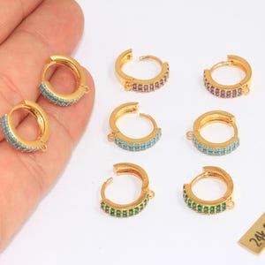 14mm 24k Shiny Gold Hoop Earrings, Micro Pave Huggie Hoops, CZ Optional Stone Color Hoops, Hoop Earring With Loop, Gold Plated Earrings, CHK