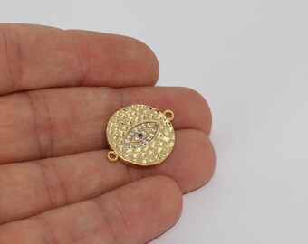 18x24mm 24k Shiny Gold Evil Eye Medallion, Evil Eye Pendant, Evil Eye Bracelet Connector, CZ Gold Medallion, Gold Plated Charms, MTE1502