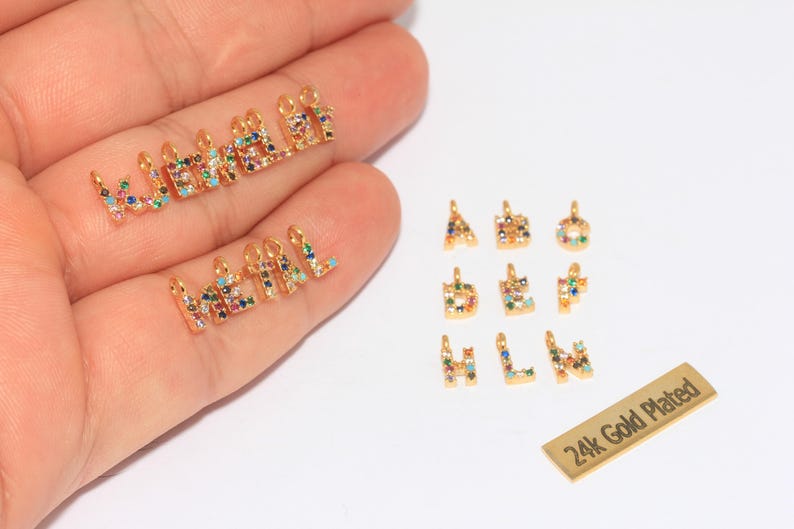 FULL SET - 5x8mm 24k Shiny Gold CZ Letters, Mixed Stone Letter Charms ...