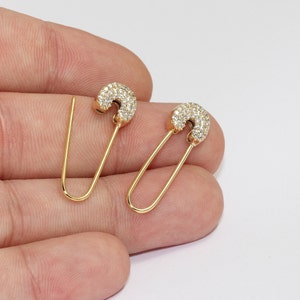 10x32mm 24k glanzende gouden veiligheidsspeld oorbellen, CZ Micro Pave Pin oorbellen, Statement oorbellen, veiligheidsspeld trekken door drop oorbellen, MLS435