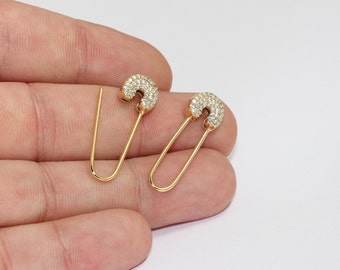 10x32mm 24k Shiny Gold Safety Pin Earrings, CZ Micro Pave Pin Earrings, Statement Earrings, Safety Pin Pull Through Drop Earrings, MLS435