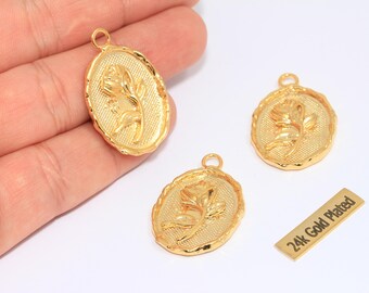 24x35mm 24k Shiny Gold Rose Flower Medallion, Necklace Pendant, Round Flower Medallion, Frame Necklace, Gold Plated Findings, CHK158-3