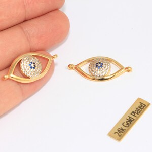 15x32mm 24k Shiny Gold Evil Eye Charms, Micro Pave Evil Eye, CZ Evil Eye Bracelet Connector, Bracelet Charms, Gold Plated Findings, ZRCN290