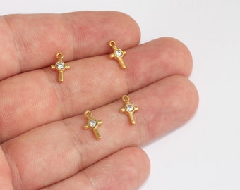 7x12mm 24k Shiny Gold Cross Charms, Micro Pave Cross Pendant, White Stone Cubic Zirconia Cross, SLM22