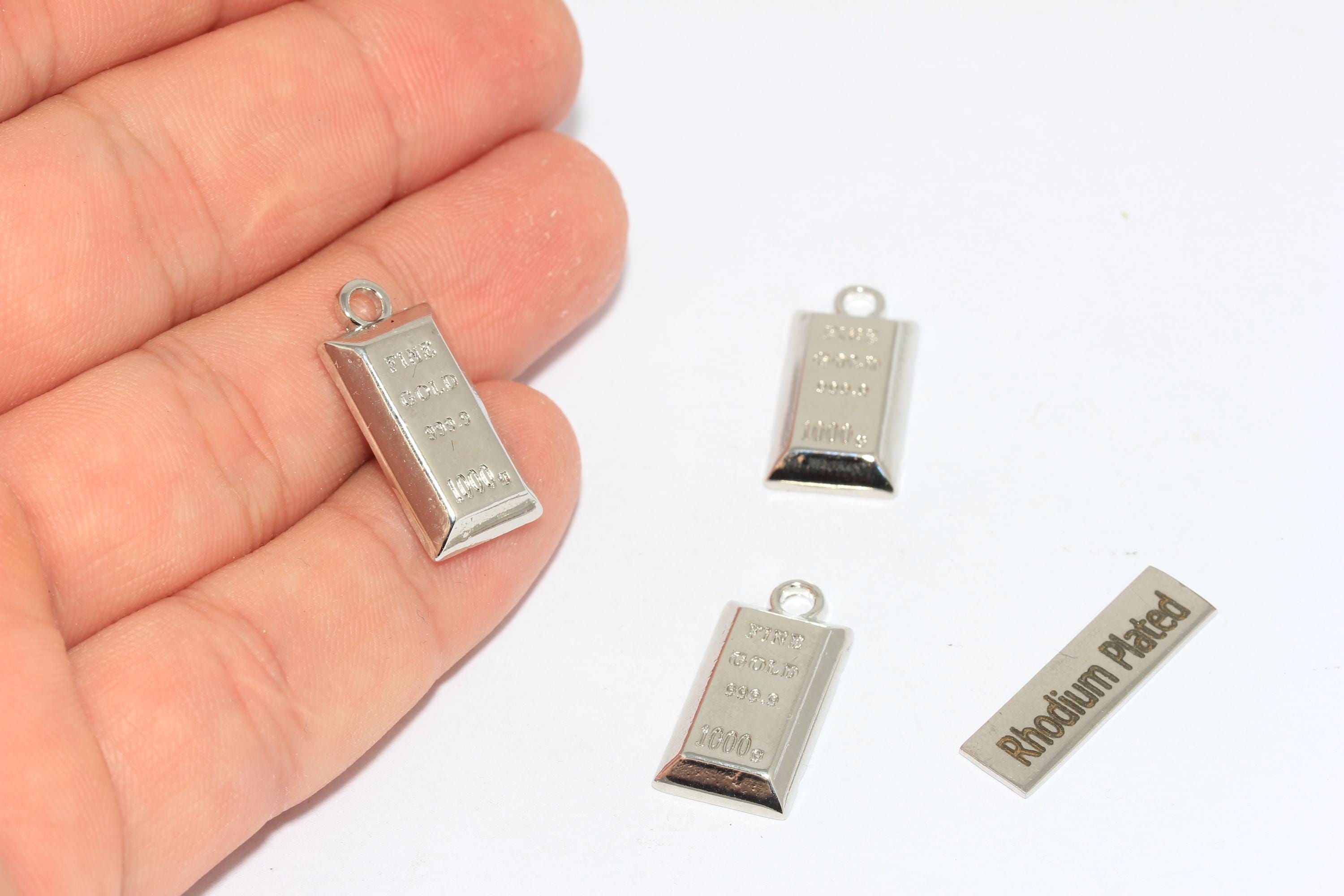 11 x 23 mm ロジウムメッキバーペンダント、999.9 シルバー地金バー 