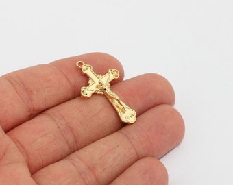 19x31mm 24k Shiny Gold Cross Pendant, Cross Necklace, Jesus Charms, Cross Charms, Catholic Pendant, Jesus Christ, Religious Charm, MTE1193
