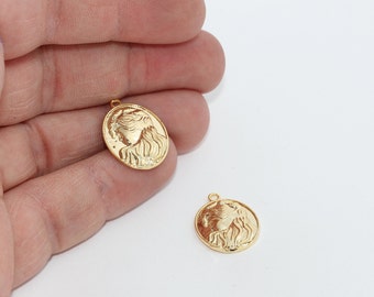 15x21mm 24k Shiny Gold Medallion Charm, Coins, Girl Charms, Brass Medallion, Vintage Pendant, Coin Charm, Gold Plated Charms, GRC, BRT624