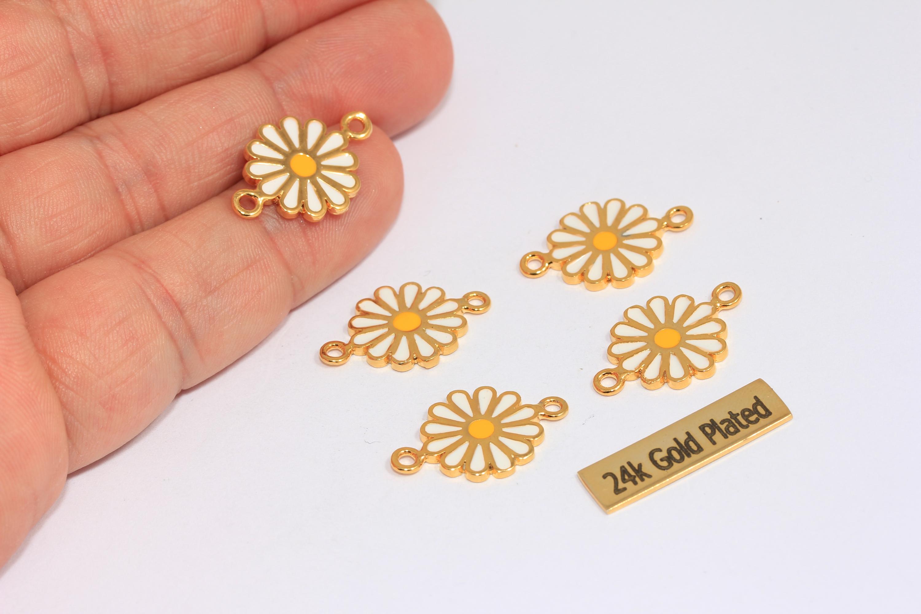 14x20mm 24k Shiny Gold Daisy Charm, Flower Pendant, White Enamel 14x20mm 24k Shiny Gold Daisy Charm, Flower Pendant, White Enamel