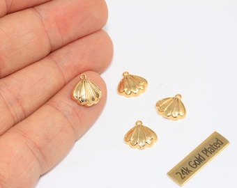 24k Shiny Gold Plated Sea Shell Charm, Beach Jewelry (11mm), ROSE319