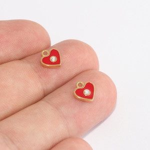 8mm 24k Shiny Gold Heart Charms, Micro Pave Heart Beads, Red Enamel Heart Charms, CZ Heart Charm, Necklace Pendant, White Stone Beads, XP448
