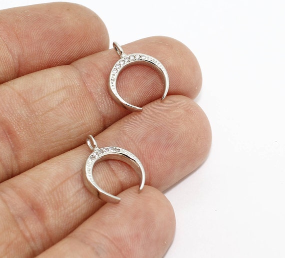 13x15mm Rhodium Plated Horn Pendant, Micro Pave Pendant, CZ Horn Charm, Horn Necklace, Bracelet Charms, Silver Plated Charms, ZRCN489