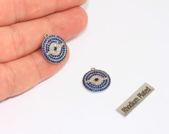 15,5mm Rhodium Plated CZ Evil Eye, Micro Pave Evil Eye Medallion, CZ Navy Blue Stone Pendant, CZ Eye Charm, Gold Plated Charms, CHK229-8A