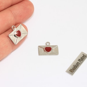 9x16mm Rhodium Plated Envelope Charms, Envelope Pendant, Love Charms, Envelope With Red Enamel Heart, Silver Plated Findings, CHK315-1