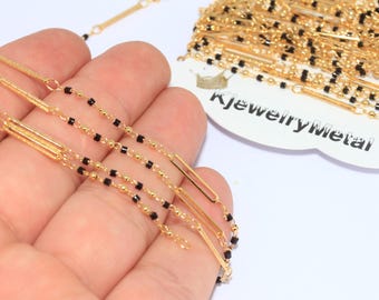 2mm 18k Shiny Gold Chain With Beads, Black Beaded Chain, Rosary Style Chains, Gold Ball Chain, Bulk Lot Chain, Gold Plated Chains, BXB362-1