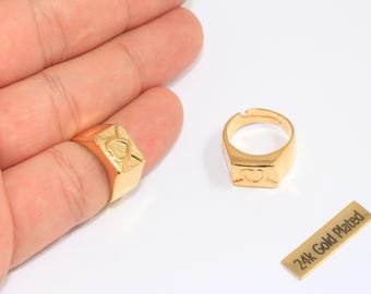 24k Shiny Gold Heart Ring, Adjustable Cube Gold Ring, Red Enamel