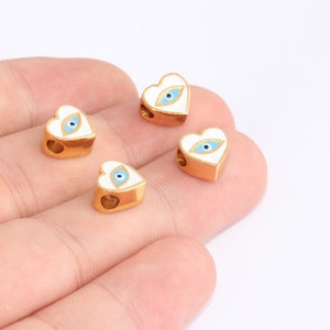 5x9mm 24k Shiny Gold Heart Charms, White Enamel Heart Beads, Evil Eye Beads, Sliding Bracelet Beads, Gold Plated Findings, SLM1041