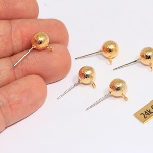 8mm 24k Shiny Gold Ball Ear Posts, Dainty Earring Post, Ball Stud Earrings, Earring Settings With Loop, Gold Plated Earrings, MTE1112