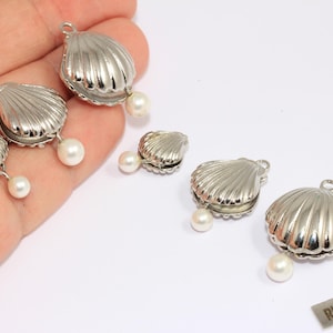 Rhodium Plated Sea Shell Charms With Pearl, 3 Size Seashell Pendant, Summer Charms, Beach Jewelry Pendant, Silver Plated Charms,
