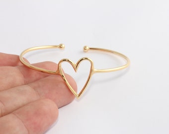 24k Shiny Gold Bracelet Cuff, Outline Heart Bracelet, Adjustable Bracelet Bangle, Dainty Wire Bracelet, Gold Plated Findings, TCB, CHK132-2