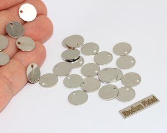 25 Pcs Rhodium Plated Brass Round Charms, 12mm Stamping Tags, PV, BRT522