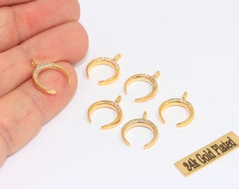 Pingente de chifre em ouro 24k com zircônias cúbicas (CZ), 13 x 15 mm, berloque de lua crescente com microcravação de zircônias cúbicas (CZ), MLS12