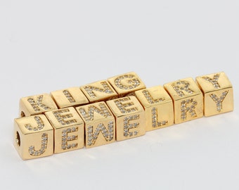 8x8mm 24k Shiny Gold Cz Letter Beads, Cube Letter Charms, Cube Beads, Zircon Letters, Micro Pave Letter Beads, Gold Plated Charms, HRF38-1