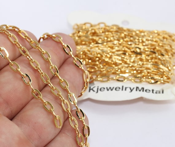 4x7mm 18k Shiny Gold Cable Chain, Gold Flat Rolo Chains, Soldered Chains, Tiny Necklace Chain, Bulk Lot Chain, Gold Plated Chains, BXB361