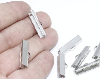 6 stuks 25mm Rhodium Plated lint plooien, snoer einde, bevestigingsmiddelen Clasp, Crimp slotjes, lint klauwen, eindkap, zilver vergulde bevindingen, FV, FRY88
