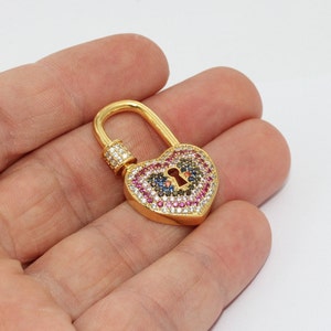 20x35mm 24k Shiny Gold Heart Clasp, Screw Heart Clasp, CZ Screw Heart Clasp Charm, Micro Pave Padlock Clasp, Screw Necklace, SMR, MTE206