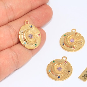 21mm 24k Shiny Gold CZ Moon, CZ Sun And Moon Charm, Micro Pave Stars Charms, CZ Star Pendant, Gold Plated Findings, CHK166-7