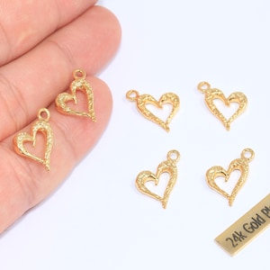 10x14mm 24k Shiny Gold Heart Charms, Hammered Heart Pendant, Heart Necklace Charms, Outline Heart Charm, Gold Plated Findings, CHK112-3