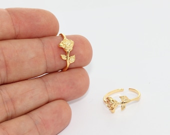 24k Shiny Gold Flower Ring, Leaf Ring, Adjustable Gold Ring, Dainty Rings, Flower Charms, Women's Rings, Gold Plated Rings, MTE1399