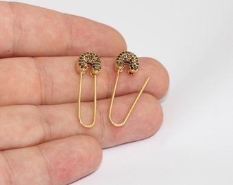 10x32mm 24k Shiny Gold Safety Pin Earrings, CZ Micro Pave Pin Earrings, Statement Earrings, Safety Pin Pull Through Drop Earrings, MLS571