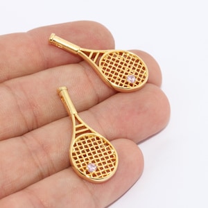 15x34mm 24k Shiny Gold Charm, Tennis Racket Pendant, CZ Charm, Tennis Racket Bracelet, Sport&#39;s Jewelry, Charms, Gold Plated Pendant, ZRCN847