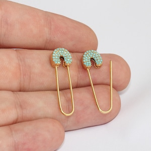 10x32mm 24k glanzende gouden veiligheidsspeld oorbellen, CZ Micro Pave Pin oorbellen, Statement oorbellen, veiligheidsspeld trekken door drop oorbellen, MLS578