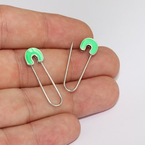 9x35mm Rhodium Plated Safety Pin Charm, Silver Safety Pin Pendant, Safety Pin Necklace, Connector Charms, Green Pin Charms, CPC, MLS303
