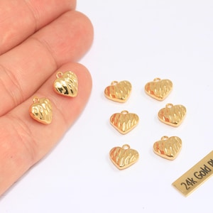 10mm 24k Shiny Gold Heart Charms, Drop Heart Beads, Puffed Heart Charms, Mini Heart Pendant, Gold Plated Findings, CHK71-3