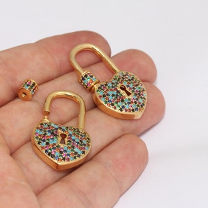 20x35mm 24k Shiny Gold Heart Clasp, Screw Heart Clasp, CZ Screw Heart Clasp Charm, Micro Pave Padlock Clasp, Screw Necklace, SMR, MTE205