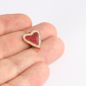 15x18mm 24k Shiny Gold Heart Charms, Micro Pave Heart, Red Enamel Heart Charms, CZ Heart Charms, Necklace Pendant, White Stone Beads, SLM756