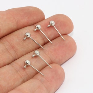 10 Pairs 4x15mm Rhodium Plated Ball Ear Posts, Earring Post With Loop, Ball Stud Earrings, Earring Settings, Silver Plated Earrings, CMR85