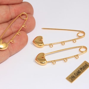 12x50mm 24k Shiny Gold Safety Pin Charm, Heart Shaped Safety Pin Pendant With Loops, Safety Pin Brooch, Gold Plated Findings, EYM3