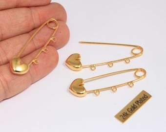 12x50mm 24k Shiny Gold Safety Pin Charm, Heart Shaped Safety Pin Pendant With Loops, Safety Pin Brooch, Gold Plated Findings, EYM3