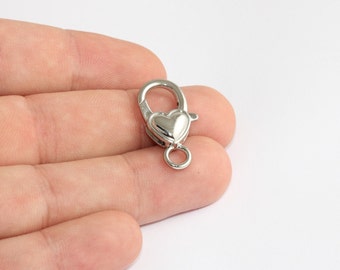 14x27mm Rhodium Plated Lobster Clasps, Claw Clasp, Heart-Shaped Lobster Clasp, Heart Necklace Closures, Silver Plated Findings, MLS666