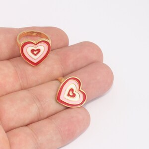 17-18mm 24k Shiny Gold Heart Rings, Red Enamel Heart Ring, Heart Shaped Adjustable Rings, Colorful Heart Ring, Women&#39;s Gold Rings, SLM296