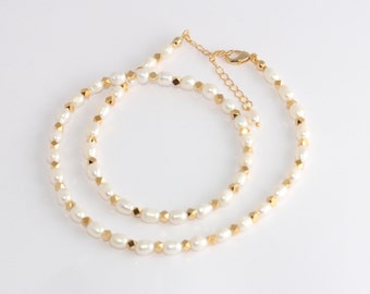 Collier de perles en or brillant 24 carats 18 pouces, collier de perles, collier avec perles blanches, boules à facettes, apprêts plaqués or, BXB376-1