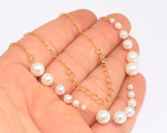 Collier plaqué or brillant 24 carats 17 pouces + 2 pouces, collier de perles de perles blanches, collier prêt à l'emploi, colliers plaqué or, CHK81-2
