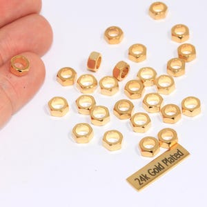 7mm 24k Shiny Gold Plated Hexagon Beads, Solid Hexagon Beads, Spacer Beads, Rondelle Beads, Bracelet Beads, Gold Plated Findings, MTE462