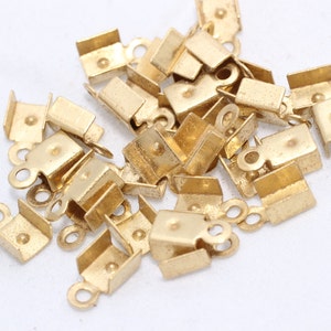 250 Pcs 5x9mm Raw Brass Cord End, Crimp End Caps, Fold Over Crimp Cord End Cap With Loop, Ribbon Crimp Ends, Raw Brass Findings, HUL, CR2